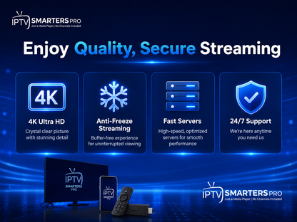 IPTV Smarters Pro quality features including 4K Ultra HD, anti-freeze streaming, fast servers and 24/7 support