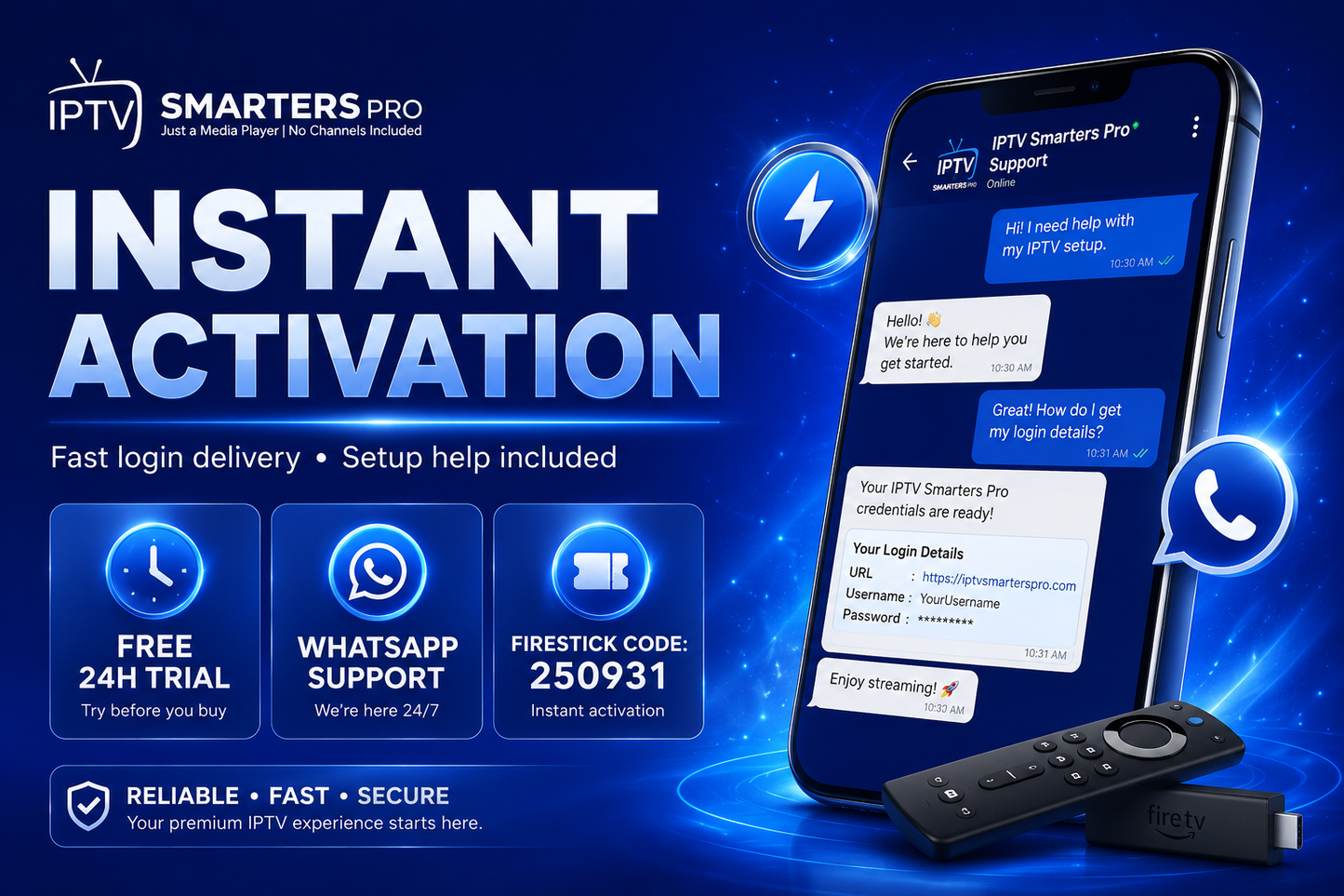 IPTV Smarters Pro instant activation with WhatsApp support, free 24 hour trial, fast login delivery and Firestick code 250931