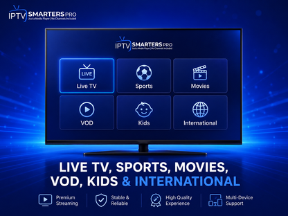 IPTV Smarters Pro live TV categories showing sports, movies, VOD, kids and international content on a smart TV interface