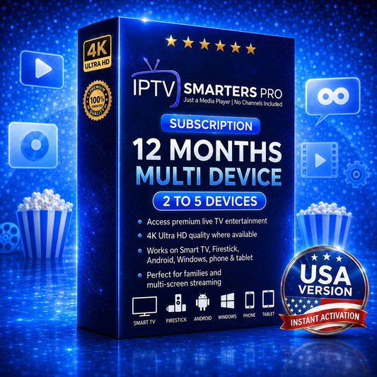 IPTV Smarters Pro subscription 12 months multi-device USA plan for 2 to 5 devices with 4K quality and instant activation