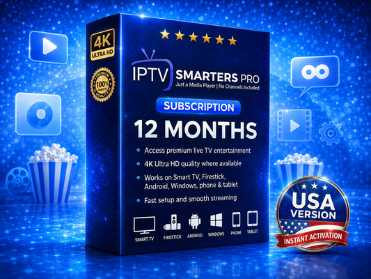 IPTV Smarters Pro subscription 12 months USA plan with 4K Ultra HD, instant activation, Firestick, Smart TV, Android, Windows, phone and tablet support