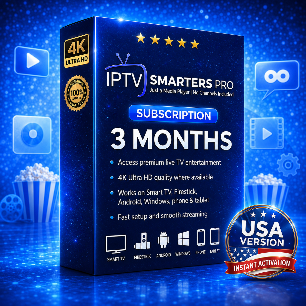 IPTV Smarters Pro subscription 3 months USA plan with 4K streaming, Firestick, Smart TV, Android, Windows, phone and tablet support