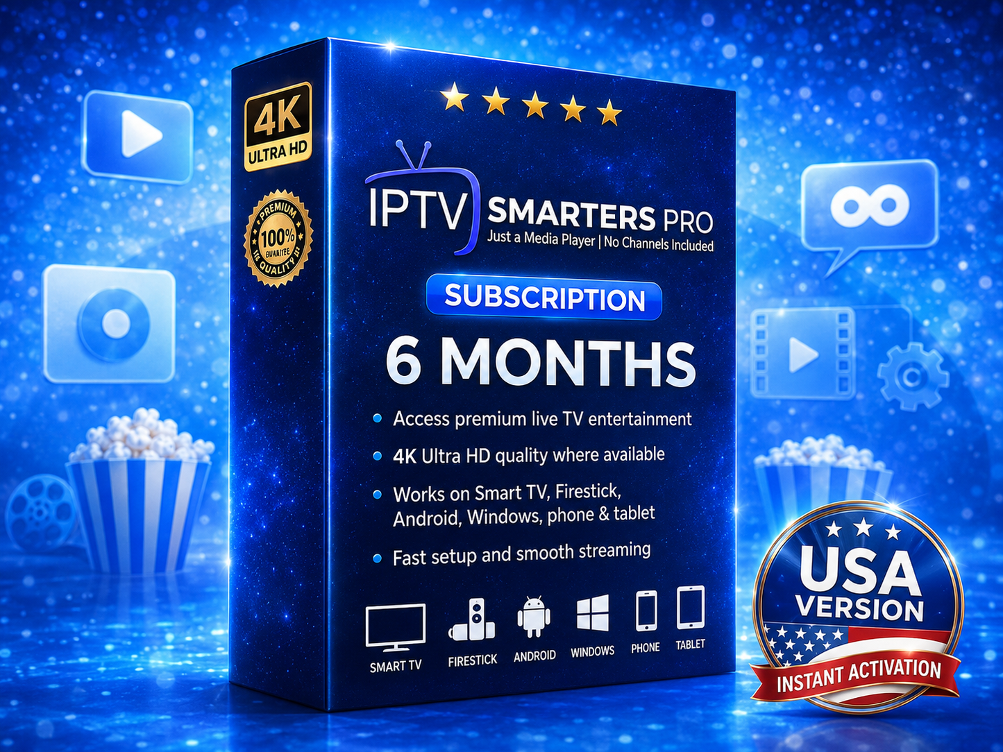 IPTV Smarters Pro subscription 6 months USA plan with 4K quality, fast setup, and multi-device compatibility