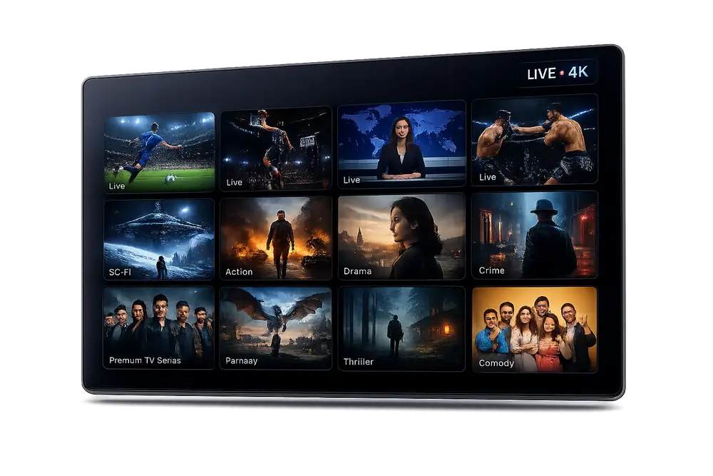 IPTV Smarters Pro subscription showing live sports, news and 4K movie channels on a Smart TV